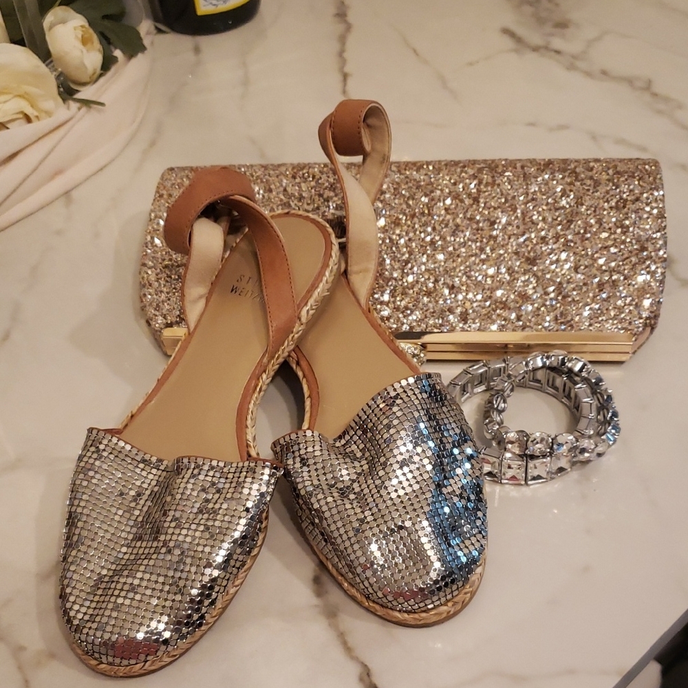 Stuart Weitzman Silver and Tan Espadrilles